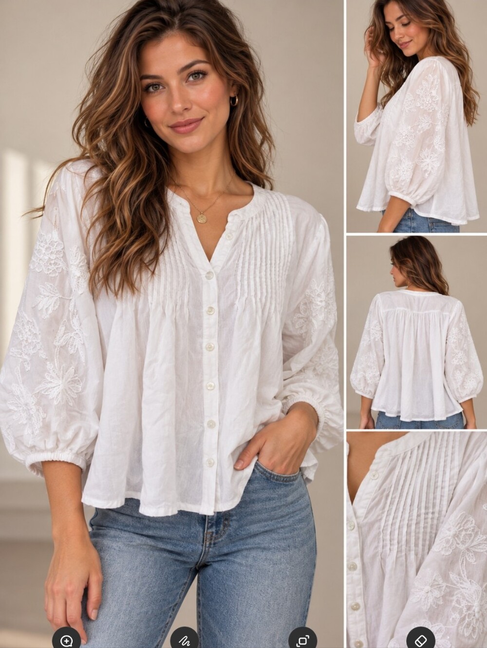 Sundance White Embroidered Button-Front Women's Shirt Cottagecore,croquette